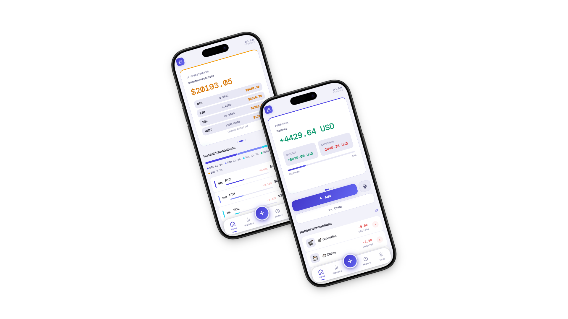 Alar Finance app — expense tracking and crypto portfolio on iPhone